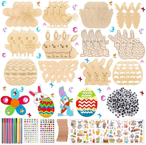 324 Stück Holzanhänger Ostern Zum Bemalen, Basteln Ostern Kinder, Ostern Basteln Kinder, Ostern Bastelset mit Holzanhänger Aquarellstift Strass Auge Seil Aufkleber (Bunt H)