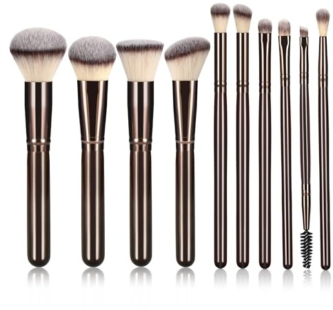 YJ-Anyue 10 nero caffè legno pennello trucco Premium sintetico pennello fondotinta cipria fard ombretto sopracciglia pennello trucco set