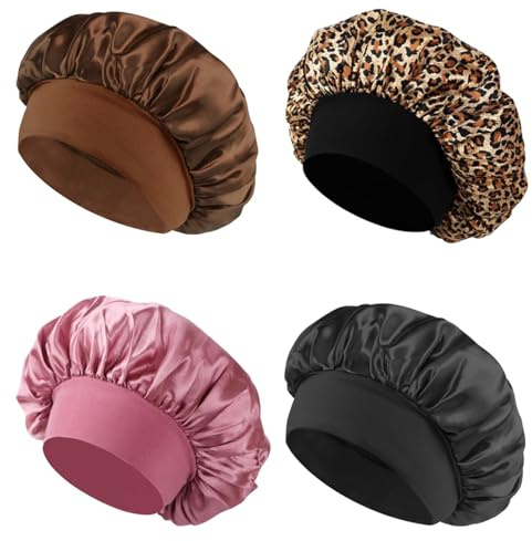 HTTDSLF 4 st satinhätta, hårhätta för att sova, silkeshätta, satin sovmössa duschmössa, hårvård huvudskydd mössa för kvinnor flickor, Svart och brun och rosa och leopardtryck