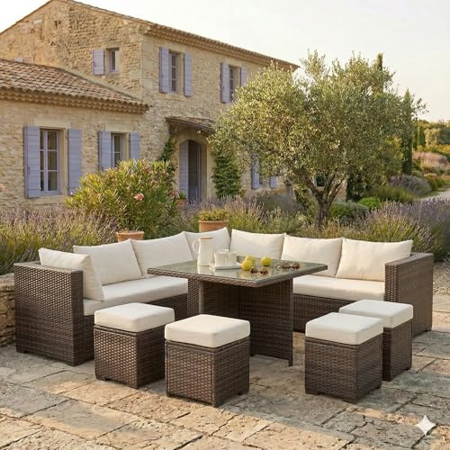 CONCEPT USINE | Salotto da Giardino Samoa Incassato 10 Posti | Resina Intrecciata a 4 Fili Marrone | Tavolo Alto in Vetro Temperato | Divano Angolare Reclinabile con Cassetto di Stoccaggio | 4 Pouf e