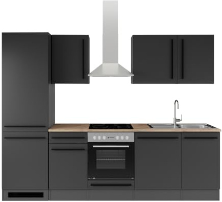 JAZZ 8 Küchenzeile ohne Küchengeräte Küche in Schwarz Lanzelot Eiche Optik | 280 x 211 x 60 cm (B/H/T), Küche ohne Elektrogeräte, Einbauküche ohne Geräte, geräumig, mit viel Stauraum, modernes Design