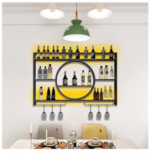 Botellero Industrial Montado En La Pared, Estante De Vino De Pared Con Luz LED, Botellero Vino Pared, Estantes De Almacenamiento Con Soporte Copas Colgante for Cocina Bar Comedor Vinoteca(Black,180*15