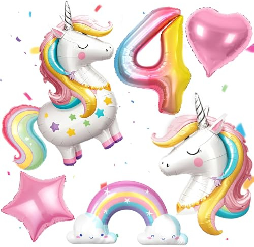 PtyPop Einhorn Deko Kindergeburtstag Mädchen 1 2 3 4 5 6 Jahre, Einhorn Folienballon Regenbogen Herzluftballons, Einhorn Luftballon Stehend, Einhorn Kindergeburtstag Decorations Party Deko (4 Jahre)