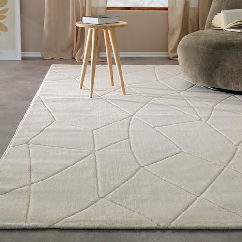 Wecon Home Kurzflorteppich – Moderner Teppich mit weicher Haptik & geometrischem Linienrelief – Oeko-TEX Zertifiziert, Pflegeleicht & geeignet für Fußbodenheizung - Unplugged (80 x 150 cm, weiß)