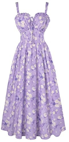 SCARLET DARKNESS Robe solaire d'été pour femme décontractée coupe évasée sans manches à bretelles spaghetti à motif floral pour la plage, Motif floral violet et blanc, M