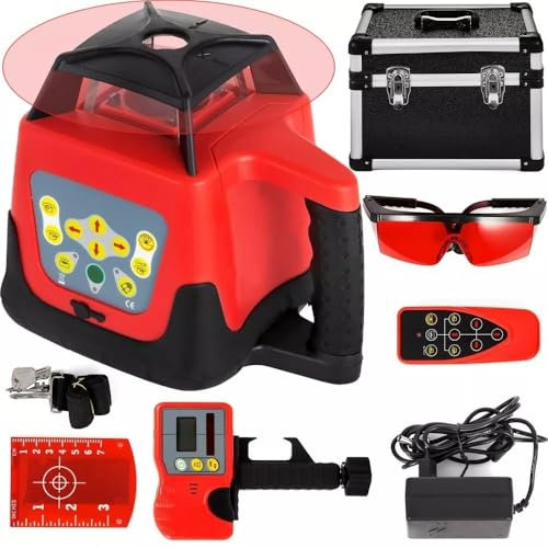 Red Beam Automatic Rotating Rotary Laser Level - Self-Leveling Precision Measuring Tool for Construction and Layout Ideal for Indoor & Outdoor Projects with Adjustable Brightness and 360-Degree
