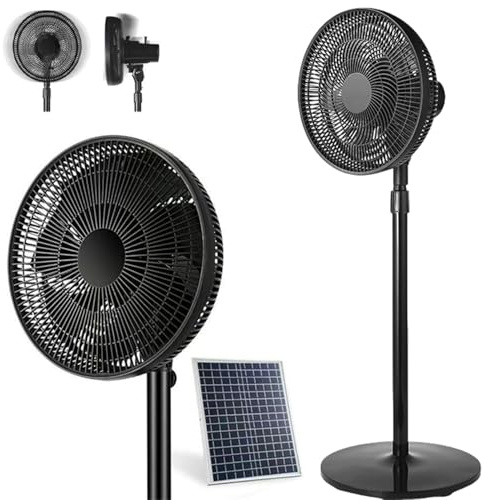 Ventilador solar de pie con control remoto, alimentado por energía solar, recargable, inalámbrico, con luz LED y puerto USB, ventilador vertical de 16 pulgadas, 9 velocidades, camping, hogar, almacén