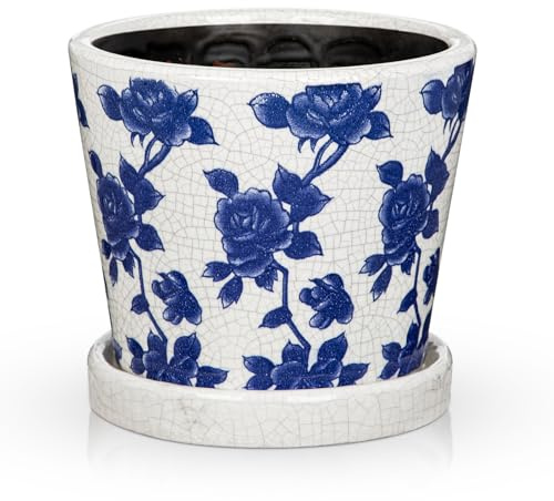 Oairse Maceta de cerámica azul y blanca con orificio de drenaje y platillo, maceta de 14 cm para plantas de interior y exterior, maceta de porcelana esmaltada agrietada para plantas de interior