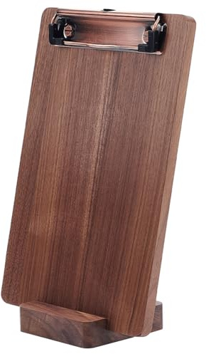 INFUNLY Porte-bloc en bois de noyer avec base stable en métal 22,9 x 17,6 cm - Petit tableau à clip pour menu A5 - Tableau d'affichage durable pour la maison, le restaurant, le bar, le magasin, le