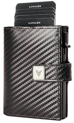 Lavalen Portafoglio Uomo Slim Pelle PopUp - Porta Carte di Credito Uomo Elegante - Portamonete Piccolo - Portacarte Ragazzo - Porta Tessere Tascabile – Mini Wallet - Idee Regalo Papá. (Carbonio)