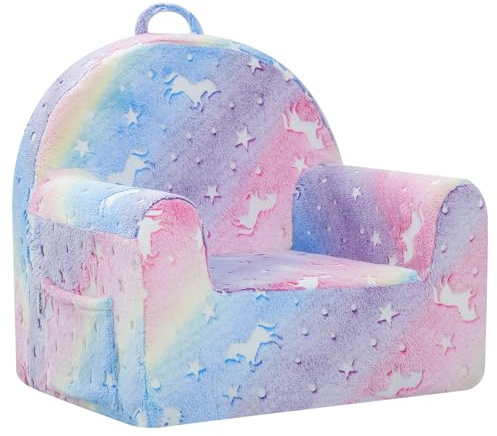 MeMoreCool Comfy Toddler Chair for 1-3 Years Old, Glow Unicorn Kids Reading Chair, Soft Plush Toddler Armchair, Cozy Foam Lounge Kids Armchair for Baby Room, Living Room, Playroom, Reading Nook