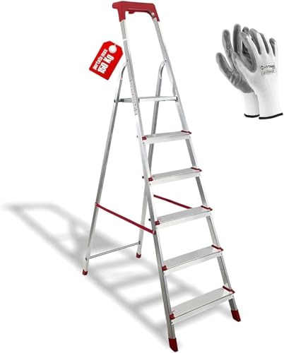 Escalera de aluminio Martina 3/4/5/6/7/8 peldaños ligera portátil con bandeja portaobjetos plegable robusta para ahorrar espacio carga 150 kg fabricada en Italia certificada EN131 (6)