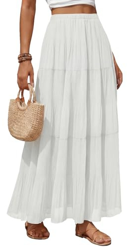 Facogoo Women's Chiffon Maxi Skirt Pleated Elastic High Waisted Tiered A-Line Boho Spring Flowy Long Skirts with Lining White
