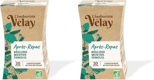 L'Herboriste du Velay - Infusion BIO Après-Repas - Réglisse, Menthe, Fenouil - Ingrédients 100% Issus de l'Agriculture Biologique - Conditionné au Puy-en-Velay - Boite de 20 Sachets (Lot de 2)