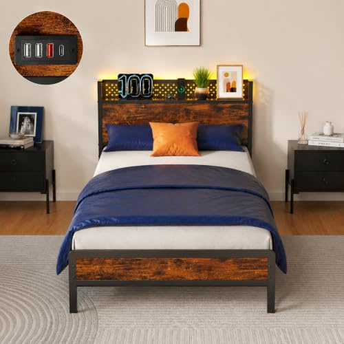 KUTAS 3ft Single Bed Frame, 90 x 190 cm, with LED Lights & Charging Station, Heavy Duty Metal Bed with Storage Headboard, Noise Free, Easy Assembly, Under-Bed Storage, No Box Spring Needed, Brown