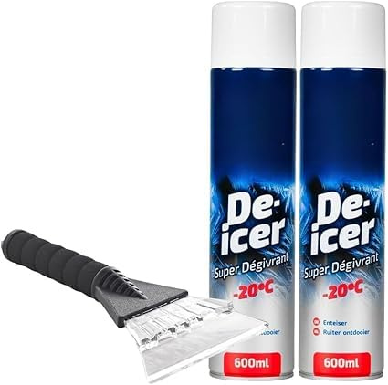 Double Pack De-Icer Spray 600ml with Ice Scraper – Rapid Frost & Ice Remover for Car Windows, Windshield & Mirrors – Winter Driving Essential