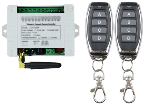 Tacdas DC 12V 24V 36V 10A 433MHz Relé Inalámbrico de 4 Canales Receptor de Interruptor de Control Remoto + Transmisor de 4 Canales, 1 Receptor 2 Remotos
