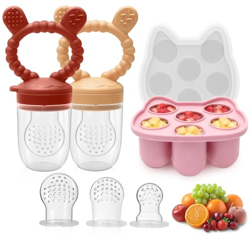 Chupete de frutas para bebé, chupete de silicona (con molde de hielo), para frutas, verduras, papillas, congelación, recipiente para alimentos para bebés, leche materna, mordedor, sin BPA (rojo +