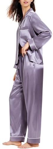 LONXU Donna Raso di seta Pigiama Set biancheria da notte Loungewear Piccolo Grigio