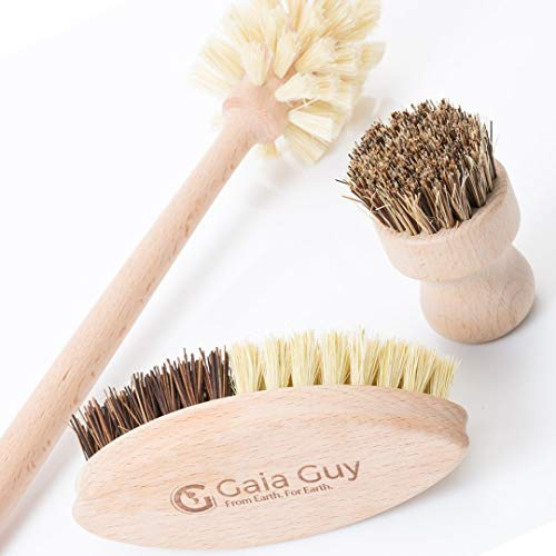 Eco Dish Brush Set, 3 Washing Up Brushes Multifunctional Plastic-Free and Root Veggie Brush Eco Friendly Wooden Kitchen Cleaning Brushes for Dishes, Pots, Pans