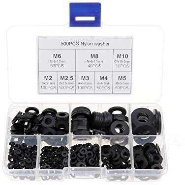 OTOTEC Lot de 500 rondelles en nylon noir M2 M2.5 M3 M4 M5 M6 M8 M10 avec étui pour la maison, l'électricité automobile, la marine