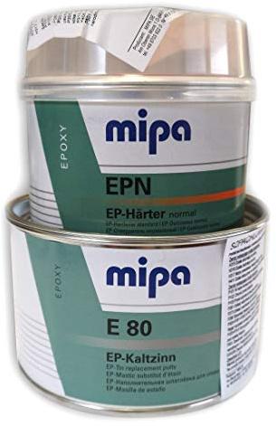 Mipa Set E 80 kall tenn 1 kg hårdare spackel 0,5 kg 2K epoxifyllningspatel