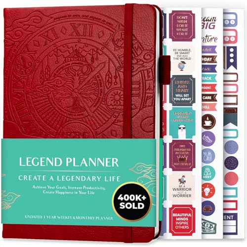 Legend Planner – en veckovis och månatlig livsplanerare för att nå dina mål och leva lyckligare. Anteckningsbok och produktivitetsjournal. A5 (Röd)