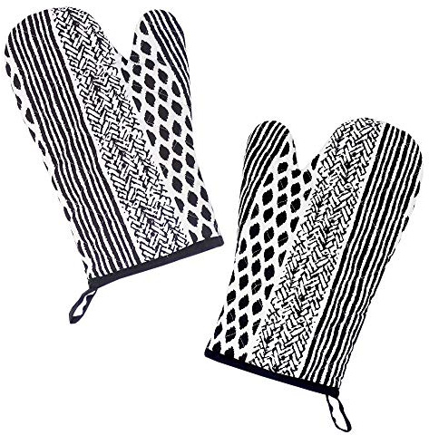 Lashuma Kochhandschuh Paar Schwarz Weiß, 2X Topfhandschuhe Baumwolle 30x20 cm, Geometric Muster
