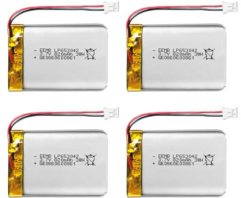 4X EEMB 3.7V 820mAh 653042 Lipo Rechargeable Lithium Polymer ion Battery Pack with JST Connector UN38.3 (UL Certified for Cell) Make Sure Device Polarity Matches with Batteries Before Purchase