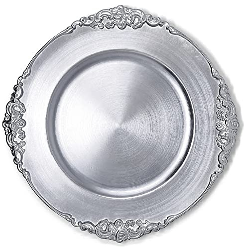 Allgala Heavy Quality Round Charger Plates - Set for Table Decor - Ideal for Weddings, Thanksgiving Parties & Holidays - Floral Silver (13-Inch 6-Pack)