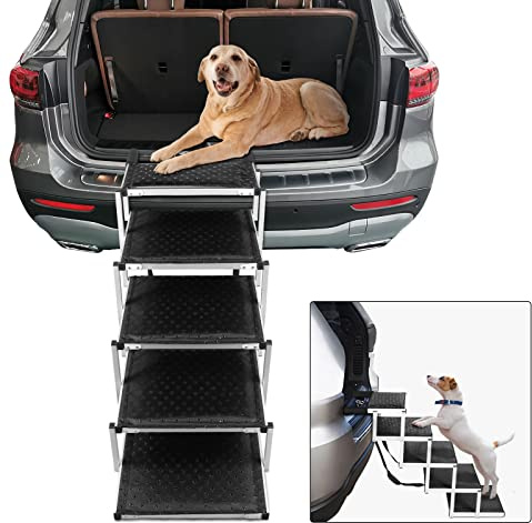 KELIXU Hundetreppe für große Hunde, Haustiertreppe mit Stützstange für Autos und SUV, leichtes Aluminium, 5 Stufen, Haustierrampe mit rutschfester Oberfläche, unterstützt 80 kg