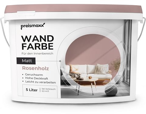 Preismaxx Wandfarbe Rot Rosenholz hohe Deckkraft matt hochdeckend 5l | Für Wände, Decken, Putz, Tapete & Altanstriche, geruchsarm, tropfgehemmt, Renovierung & Neuanstrich