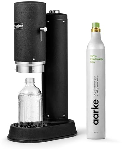 Aarke Carbonator Pro, Sparkling & Carbonation Water Machine, Stainless Steel with Glass Reusable Bottle Volume 800 mL/27 fl oz and CO2 Cylinder (Matte Black)