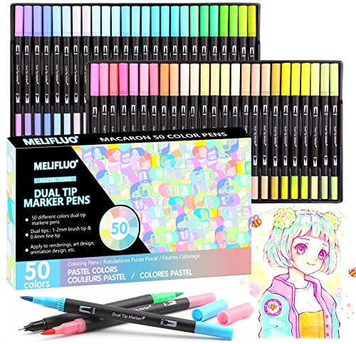 Melifluo 50 Pastell-Marker mit Doppelter Spitze, Feine Spitze und Pinsel Ideal für Kunst, Illustration, Zeichnen, Kalligraphie und Bullet Journals