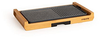 CREATE/STONE FLAT BAMBOO/Elektrische Grillplatte/Grillplatte mit doppeltem Grillmuster, Bratplatte und Grill, einstellbarer Thermostat, BPA-frei, Naturbambus, 1800W