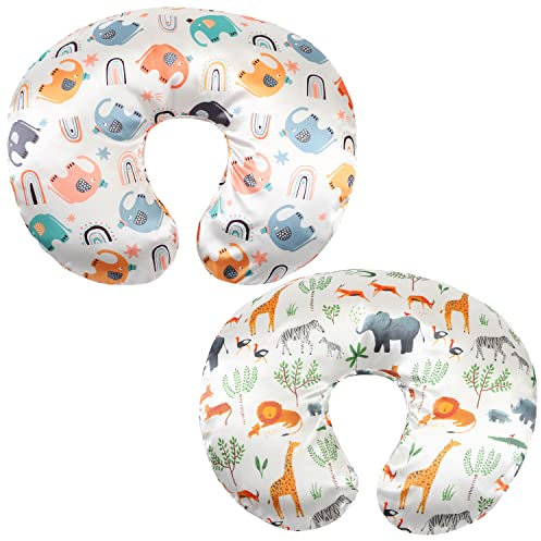 Satin-Stillkissen-Set, 2 Stück, ultraweiche Seide, kompatibel mit Boppy Kissen, schützt für Babyhaare und Haut, Elefant und Nashorn-Löwe