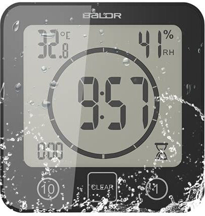 OurLeeme Orologio da doccia impermeabile quotidiano, orologio da bagno con timer con grande display LCD, indicatore di umidità, controllo timer, conto alla rovescia per la casa, il bagno