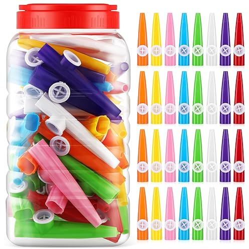 Jenaai 50 Pcs Plastic Kazoos Bulk with Bottle, Colorful Kazoo Musical Instrument for Kids, Good Companion for Guitar Violin Piano Keyboard Ukulele, Party Favors Gifts, 8 Colors