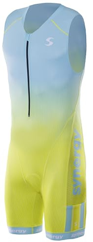 Synergy Triathlon Tri Suit - Men's Elite Sleeveless Trisuit (Mint/Yellow, Small)