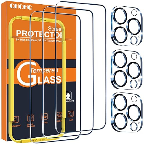 QHOHQ 3 Pièces Verre Trempé pour iPhone 15 Pro Max [6,7 Pouces] avec 3 Pièces Caméra Arrière Protecteur, Ultra Résistant Film Protection écran, HD Transparent, Sans Bulles, Dureté 9H Glass