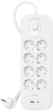 Belkin 8-Fach Steckdosenleiste, Überspannungsschutz, USB-C, USB-A, 2m-Kabel | Verlängerungskabel mit USB-C- + USB-A-Ports, Wandmontage, Mehrfachsteckdose 8fach, 2 m-Netzkabel, 900 J, Kontrollleuchte
