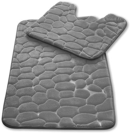 GC GAVENO CAVAILIA 2 Pieces Memory Foam Bath & Pedestal Mat Set, Charcoal | Pebble Stone Design, Quick Dry, Non Slip Backing, Ultra Absorbent, Hypoallergenic, Machine Washable