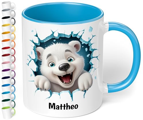 True Statements Weihnachtstasse für Kinder mit Namen personalisiert und 3D Motiven - 330ml Keramik Tasse Mädchen Junge – Geschenk zu Weihnachten (Hellblau)