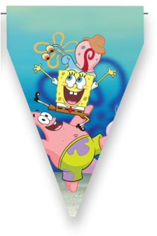 BeenSmile Spongebob Banner, Dekoration für Kindergeburtstag, 1 Stück | Partyartikel, Feier und Jubiläum, 9 Wimpeln, 3 Meter