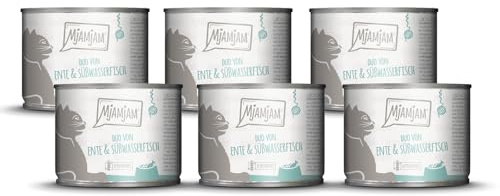MjAMjAM - Cibo umido premium per gatti - DUO di anatra tenera e pesce d'acqua dolce con carote, confezione da 6 6 x 200g, senza cereali con carne extra, Anatra + pesce, Confezione da 6 (6 x 200 g)