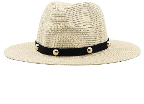 Sonnenhut Strohhut Hut Cowboyhut Strohhut Damen Hüte Handgemachte Sonnenhut Für Männer Cowgirl Dekoration Casual Beach Cap 60-62Cmverstellbar Beige