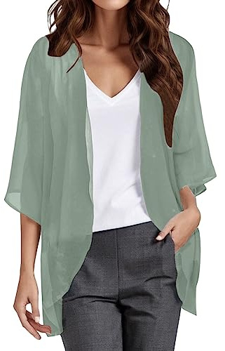 Damen Sommer Chiffon Kimono Cardigan Leicht Casual 3/4 Ärmel Beachwear Bikini Cover Up Strickjacke Einfarbige Lang Sommerjacke Strand Shawl Bluse Oberteil Tops Offene Front Jacke (5-Mint Green, L)