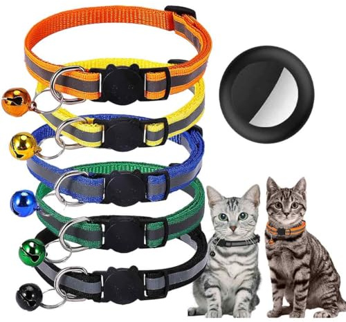 AFCJLTO 5 Stück reflektierende Katzenhalsbänder mit Glocke，GPS Halsband für Katzen Airtag,1 Stück Airtag-Katzenhalter,Größen 19-32cm