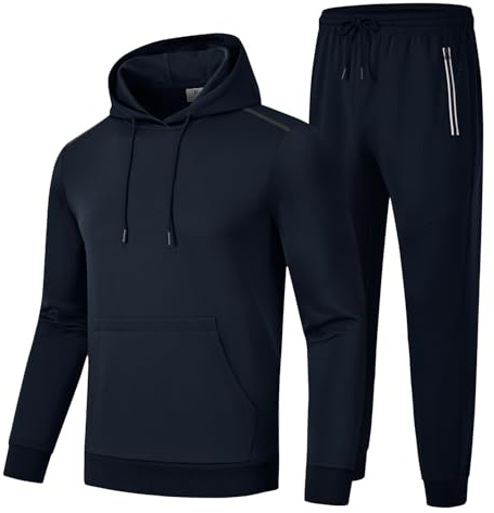 donhobo Tuta da jogging da uomo, 2 pezzi, con cappuccio e pantaloni sportivi, streetwear, stile alla moda, per uomini, palestra, calda, tuta sportiva traspirante, Blu scuro, L