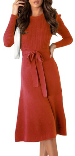 IBAKOM Femmes Automne Pull Robe Hiver Skinny Tricot Manches Longues Lacets Volants Midi Robe A - Type Robe D?contract?e Rouge M